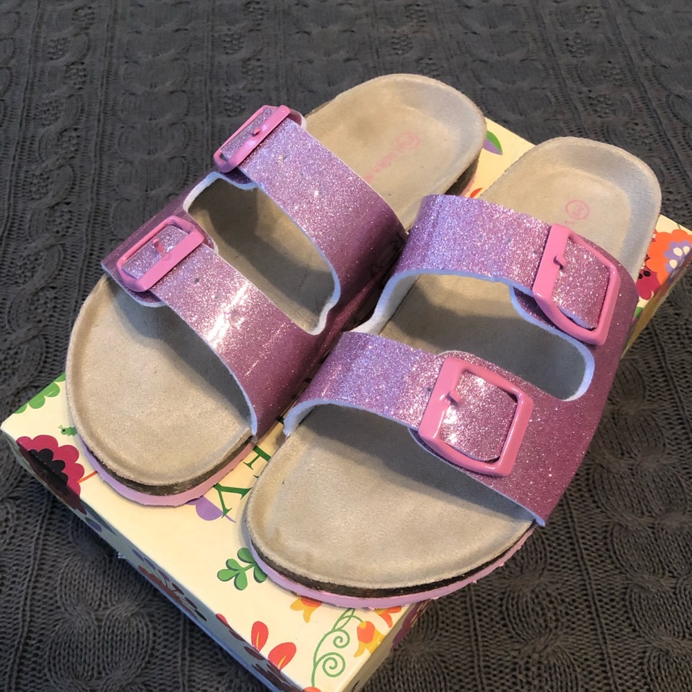 Laura Ashley pink, slip on slides.